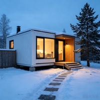 Cabine préfabriquée en conteneur unique, isolée, avec terrasse d'entrée en bois, pour les vacances d'hiver en montagne