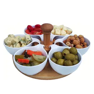 Sectioned Round Food Rotating Serving Tray 5 White Ceramic Chip And Dip Bowls Set Turning Wooden Platter With Condiment Bowl