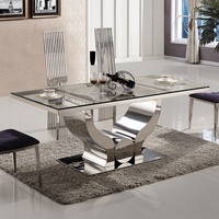Ensemble de table de salle à manger avec 6 chaises Ensemble de table à manger avec dessus en verre transparent Mobilier de maison de luxe en acier inoxydable Verre trempé moderne