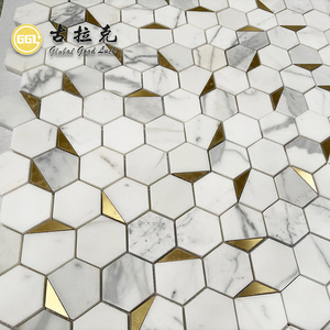 Calacatta White Marble Hexagon Mosaic <strong>Tile</strong> with Brass Accent for <strong>Music</strong> Room Wall and Creative Space - Product Image 4