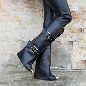 Women's Leather Multi Buckle Knee High Metallic Toe Stiletto <b>Boots</b> Sleek Fashion Ladies Shoes - Product Image 1