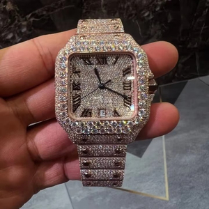 Reloj de Lujo Estilo Hip Hop con Incrustaciones de Moissanita, Esfera Cuadrada con Números Romanos, Correa de Acero Inoxidable en Tono Oro Rosa, Reloj Mecánico - Product Image 1