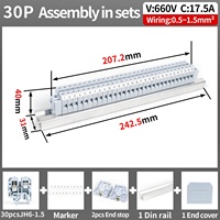JH6-1.5 Dongji Bornier de rail combiné 2 pôles 11-20 contacts, fixation par vis, 17,5A max, tension continue, rail de montage