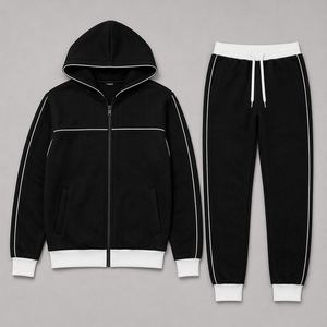 Ensemble sweat à capuche zippé et pantalon de jogging en molleton de coton de haute qualité, fabrication OEM sur mesure, avec bande contrastante, pour homme. - Product Image 3
