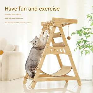 Torre de Actividades para Gatos de Madera Sólida, Árbol para Gatos Multifuncional con Red de Escalada, Postes para Rascar, Hamaca y Percha - Product Image 2