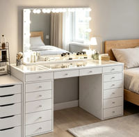 Table de maquillage Voxhome avec miroir éclairé, plusieurs tiroirs, plateau en verre, table de toilette pour chambre à coucher, salon, meubles