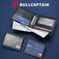 Dompet Kartu BULLCAPTAIN Kulit Asli Pendek Modis untuk SIM, Dompet Kulit Sapi Lapis Atas, Dompet RFID, Kotak Hadiah