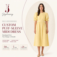 Pabrik Joydressing Gaun Midi Linen Wanita Kustom Polos Lengan Pendek Manset Ikat Pinggang Berkerut Gaun Kasual Musim Panas OEM ODM