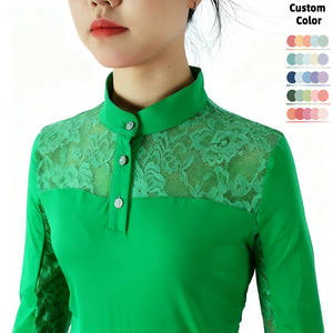 Camisa de equitación verde de manga larga para mujer, blusa ecuestre de encaje, camisa de competición ecuestre con cuello alto de malla - Product Image 2