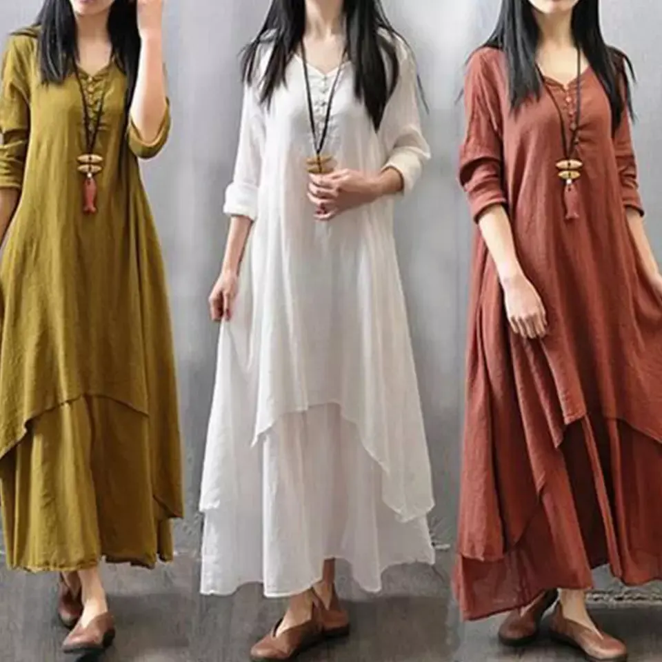 Nouvel arrivage de robe d'été pour femmes de grande taille col rond confortable lin dames à manches longues robe Maxi ample longue balançoire robes décontractées