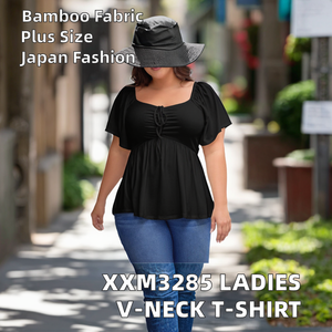 XXM3285 Ladies' Plus Size V-neck Garment Dyed Bamboo Fiber Japan Style T-<b>shirt</b> - Product Image 2