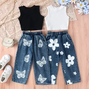 Children's summer girls sleeveless knit solid color top + butterfly print jeans and pants girls wholesale 2 sets of hot sales