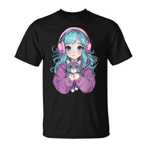Camiseta japonesa Kawaii con diseño de gato y chica anime para mujeres y niñas, manga corta, cuello redondo, impresión digital - Product Image 2