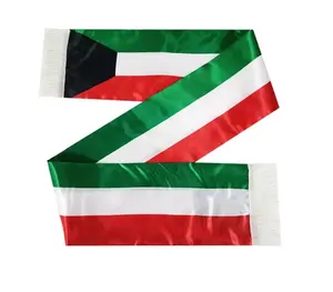 Custom Design Logo 15x135cm Green White Red Satin Football Sports Kuwait Flag Scarf With Tassel