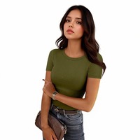 Nouveau T-shirt côtelé en polyester extensible à manches courtes et col rond pour femme, style européen et américain, couleur unie, simple, collection été