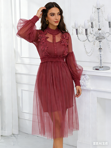 เดรสลำลองทรงเอไลน์สีม่วงสไตล์ฝรั่งเศส ไซส์พลัส  ผ้าลูกไม้  ความยาวระดับชา  สำหรับฤดูร้อน  พร้อมแขนทรงโคมไฟ  เอวธรรมชาติ  และคอเสื้อทรงโอ - Product Image 4