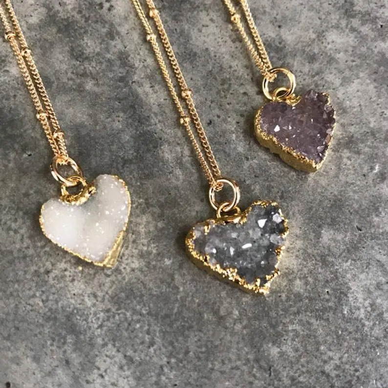 Hot Sale Stainless Steel Jewelry 18k Gold Chain Necklace Women Rhinestone Heart Necklace Smoky Quartz Druzy Necklace