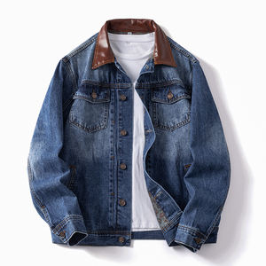 Fournisseur en gros Veste en jean pour <span class=keywords><strong>homme</strong></span>, bleu délavé classique, style trucker, col en cuir contrastant, veste de travail décontractée - Product Image 1