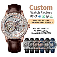 Montre automatique mécanique nh38, squelette, roue d'équilibrage à 9 heures, lunette sertie de diamants, bracelet en cuir, logo personnalisé, fabricants OEM ODM