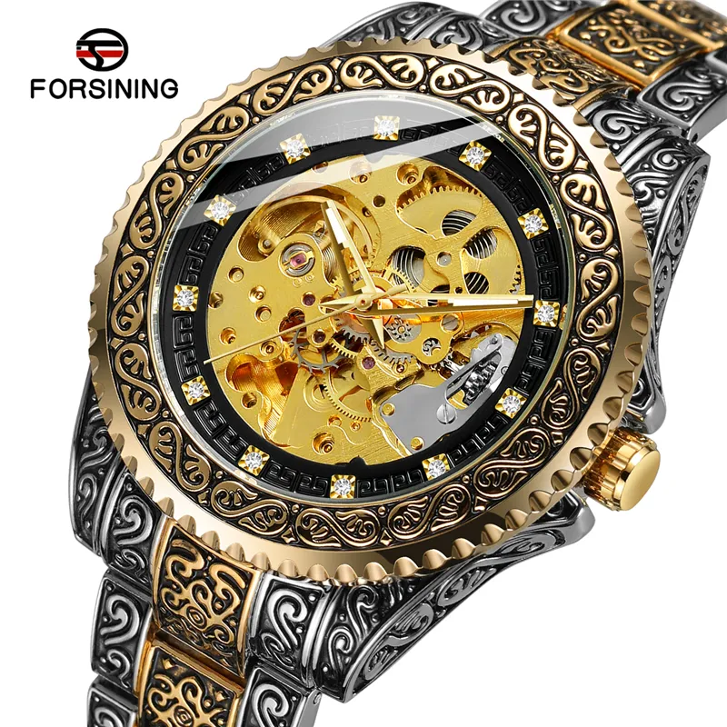 New Forsining Men Mechanical Wristwatches Fashion Luminous Diamond Automatic Watches Golden Black Skeleton Luxury Wristwatches