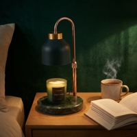 Lampe chauffe-bougie à base ronde en marbre vert naturel avec 4 modes de luminosité réglables et minuterie automatique de 2 à 8 heures pour une décoration italienne de luxe du milieu du siècle