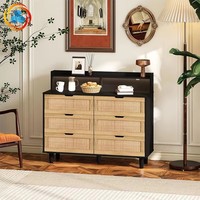 Commode en rotin naturel à 6 tiroirs avec éclairage LED, étagère, design moderne et simple, meuble de rangement ouvert multi-niveaux pour salon