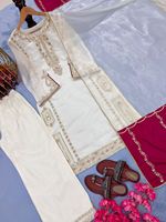 Setelan Kurta Atasan Palazzo Dupatta Sutra Putih Merah Desainer Tradisional untuk Pesta Wanita, Semua Musim, Cepat Kering