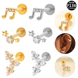 Titanium Stud <b>Earrings</b> G23 Music Note Star Zircon Lip Philtrum Cochlear Jewelry Unisex Everyday Wear - Product Image 1