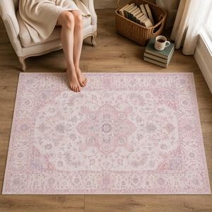 Alfombra Lavable <span class=keywords><strong>LIVEBOX</strong></span> Rosa de Poliéster con Pelo Cortado y Texturizado, 5x7, Grande, Estilo Tribal Vintage, Antideslizante, para Sala de Estar o Dormitorio - Product Image 3
