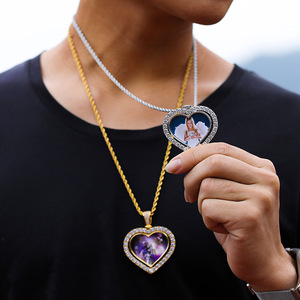 Trendy Custom DIY CZ Pendant Necklace Iced Hollow Love Heart Revolving Picture Frame Brass Plated Rope Photo <strong>Memory</strong> <strong>Gift</strong> - Product Image 5