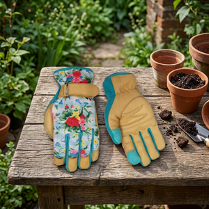 Guantes de Trabajo de Cuero con Estampado Floral JNA GROUP, Muñequera Ajustable, Puntas de Dedos Texturizadas Antideslizantes, Seguridad de Uso General, 4 Mil - Product Image 2