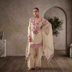 Ensemble Salwar Kameez pakistanais de luxe beige en gros, avec broderies florales 3D sur organza, dupatta, kurti et pantalon, idéal été/hiver - Product Image 1
