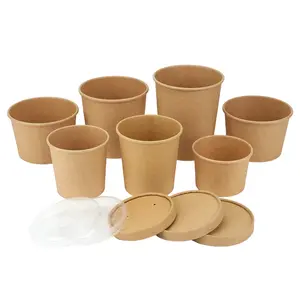 Ready Bulk Lunch Food Soup Cup Bowl Biodegradable Kraft Paper Disposable Round Soup Bowls Salad Cup Bowls With Pp Lid