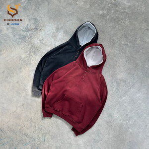 เสื้อสเวตเชิ้ตแบบมีฮู้ดสไตล์วินเทจ OEM Streetwear ล้างสีแบบแอซิด แต่งกระดุมครึ่งตัว ดีไซน์ขาดๆ สำหรับผู้ชาย - Product Image 1