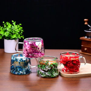 Double Layered Dried Flower <strong>Glass</strong> <strong>Cup</strong> GCD013 High Borosilicate <strong>Glass</strong> with Handle Household Coffee <strong>Cup</strong> - Product Image 1