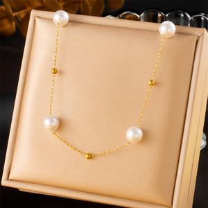 Geometric Pearl Gold Plated Chain Necklace And <b>Bracelet</b> <b>Set</b> For Women Stainless Steel Jewelry Gift <b>Set</b> - Product Image 2