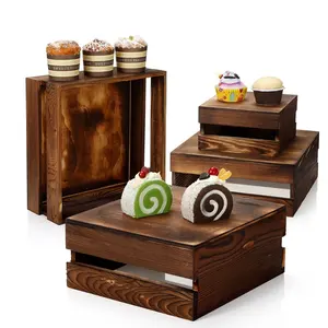 현대 광택 나무 상자 보관 상자 4 조각 컵케익 진열대 소박한 케이크 스탠드 라이저 장식 나무 상자
