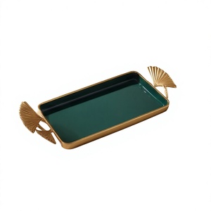 Plateau de service rectangulaire de luxe en émail vert avec poignées en feuille de Ginkgo, en métal doré poli, pour table basse, plateau de rangement, plat de service - Product Image 1