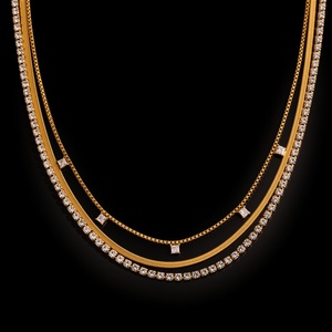 Trendy Gold Tone Stainless Steel Multi Layer Necklace Square Zircon Crystal Rhineston <b>Chain</b> - Product Image 1