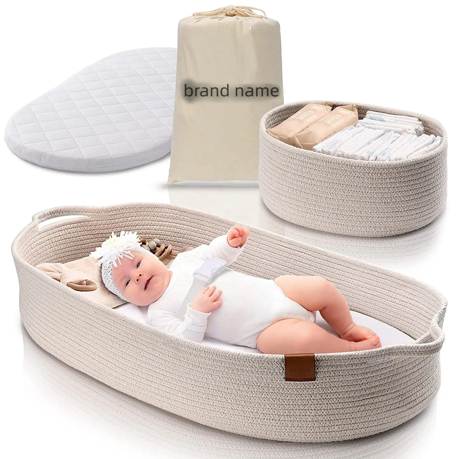 Corde en coton de couleur pure panier-cadeau de douche de bébé élégant panier à langer pour bébé avec coussin et petit panier à couches