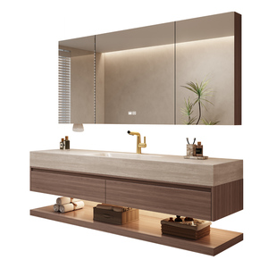 Lavabo Moderno a Doppio Strato da Parete, Mobile Bagno, Vanità in Travertino e Marmo Sinterizzato con Lavabo e Specchio LED - Product Image 5