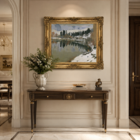 Pintura al Óleo de Lago de Montaña Invernal, Bosque Nevado con Reflejos, Arte de Pared de Paisaje Vintage, Marco de Madera, Tamaño Personalizado para Hotel