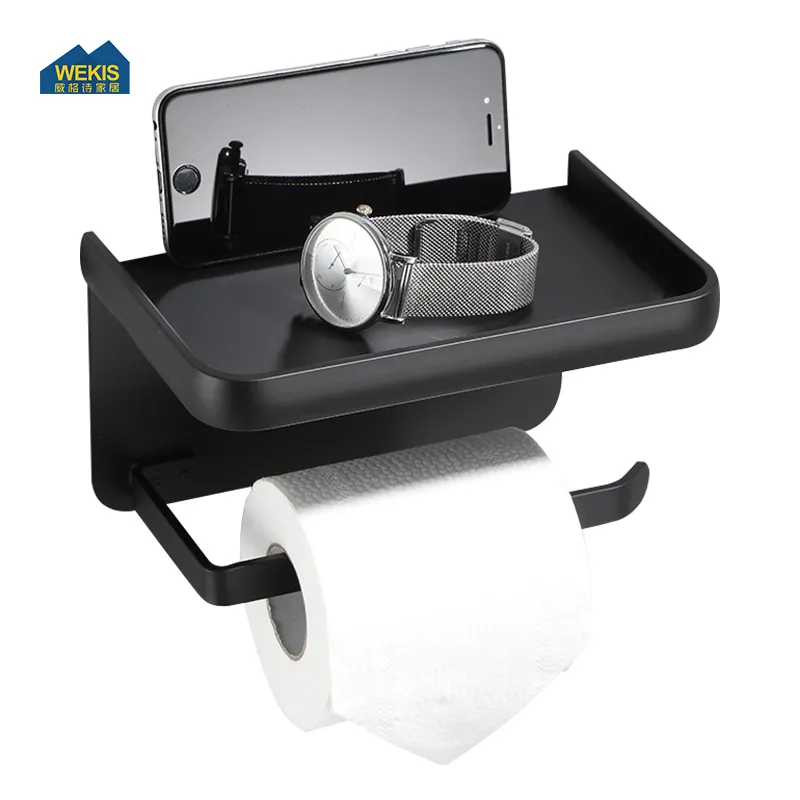 304 Stainless Steel Black Wall Mounted Tissue Roll Holder Towel Holder With Mobile Phone Shelf Bathroom Toilet Paper Holder