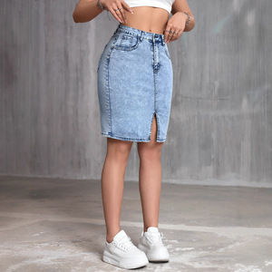 European and American standard elastic denim <b>skirt</b> with a <b>split</b> and hip hugging women's casual <b>skirt</b> - Product Image 1