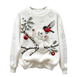 Pull tricoté blanc brodé pour femme, motif chat et oiseau de Noël, col rond, manches longues, pull d'hiver - Product Image 1