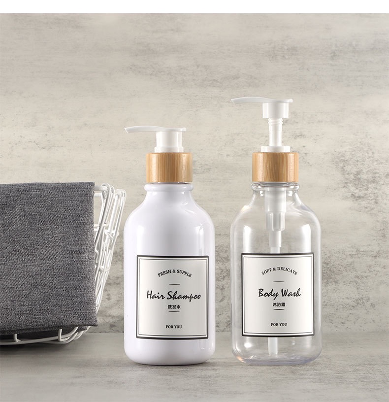 custom labels plastic soap pump bottle soap dispenser bottle liquid soap bottle with bamboo holder