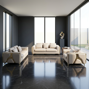 Juego de Sofás Seccionales de Cuero Genuino de Diseño Europeo Moderno con Detalles Metálicos Dorados y Respaldo Acolchado para Sala de Estar - Product Image 3