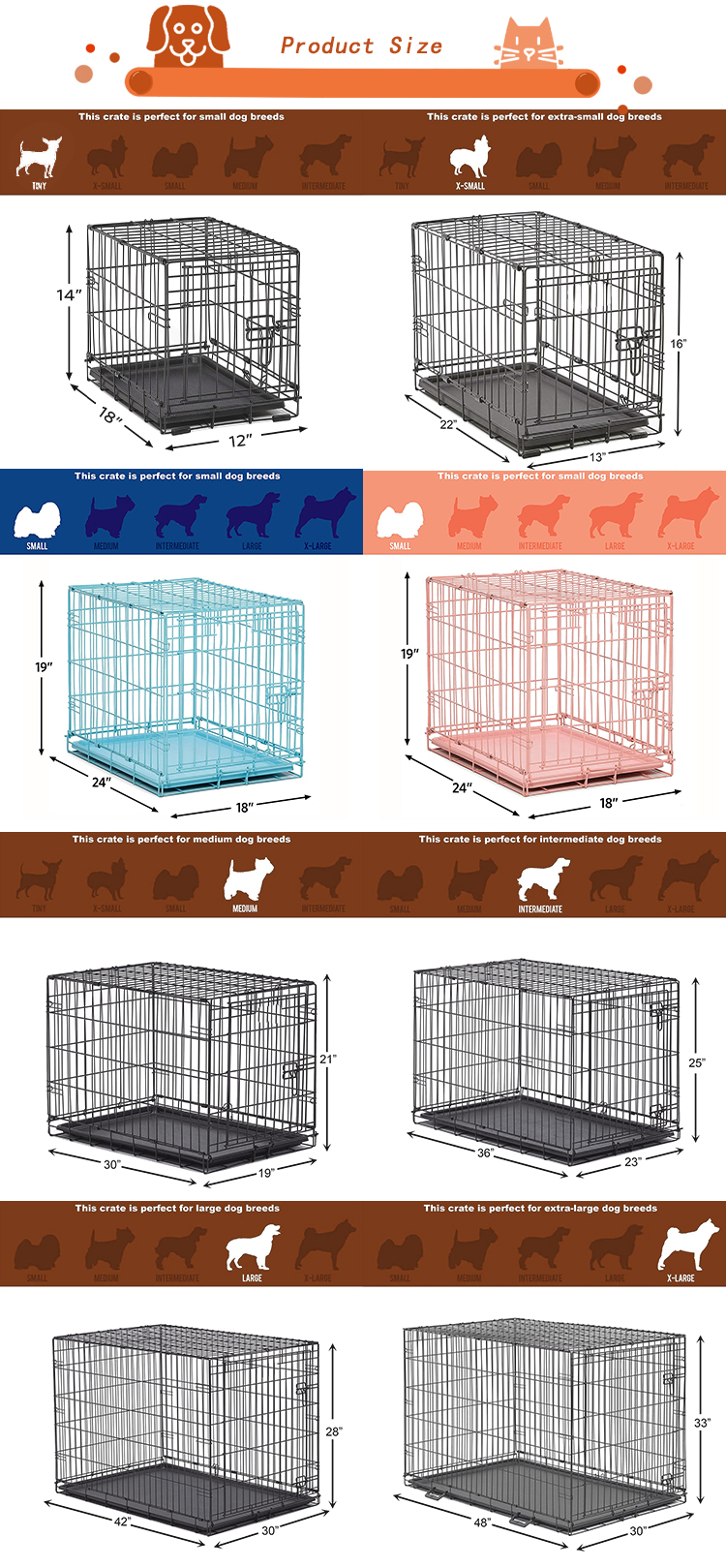 Breathable Large Metal Folding Metal Dog Crate With Gate