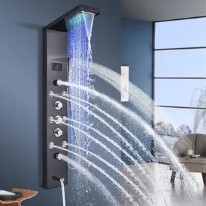 Panneau de douche mural à led, colonne de douche noire en acier inoxydable, tour de douche en cascade