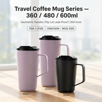 Mug à café isotherme 600 ml avec poignée géométrique, couvercle rabattable, anti-fuite, double paroi sous vide en acier inoxydable, tasse de voyage 20 oz, 12-24 heures